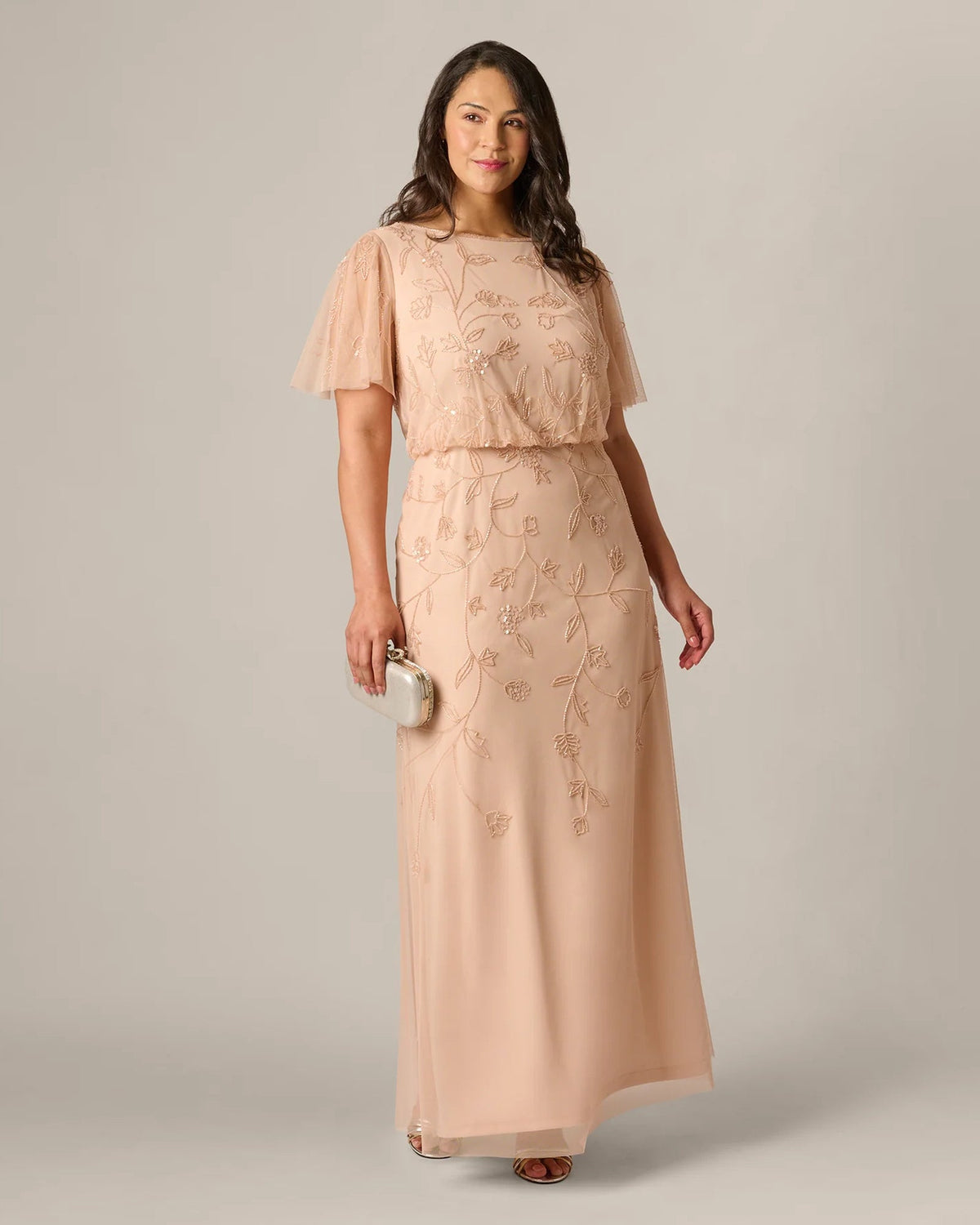 Blush pink maxi A-line dress with flutter sleeves and floral embroidery