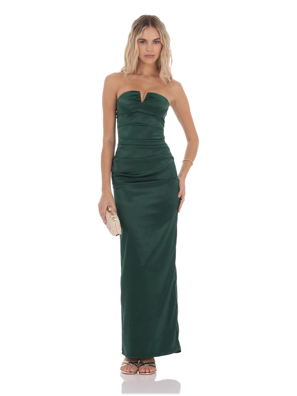 Green bridesmaid dress with a-line silhouette and maxi length