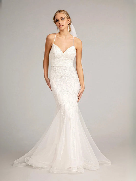 Ivory v-neck mermaid wedding dress with beaded embroidered lace and tulle skirt