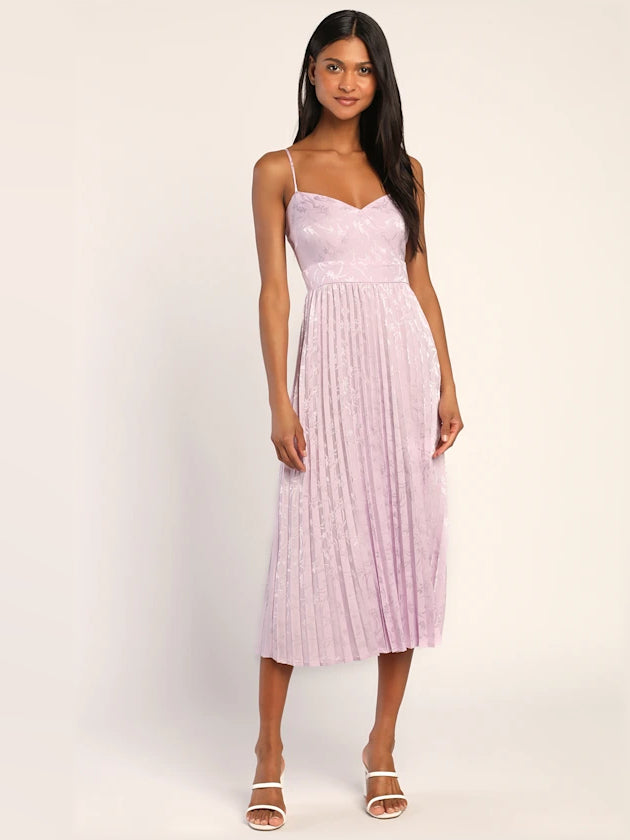 Lavender jacquard pleated satin midi formal dress with thin spaghetti straps