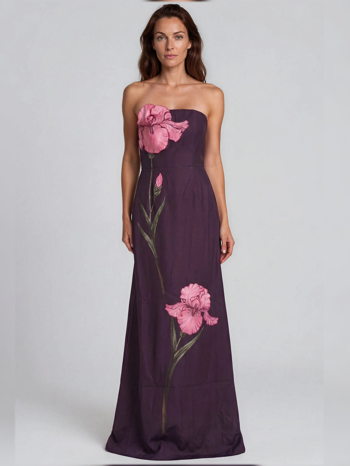 Dusty plum strapless A-line floor-length dress with large pink floral print