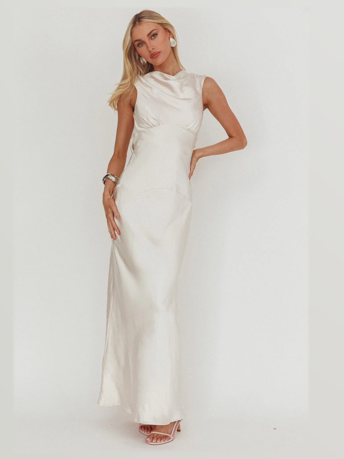 Oyster formal dress with a-line silhouette and maxi length