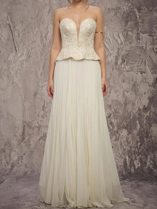 Cream sweetheart peplum corset A-line formal dress with lace bodice and chiffon skirt