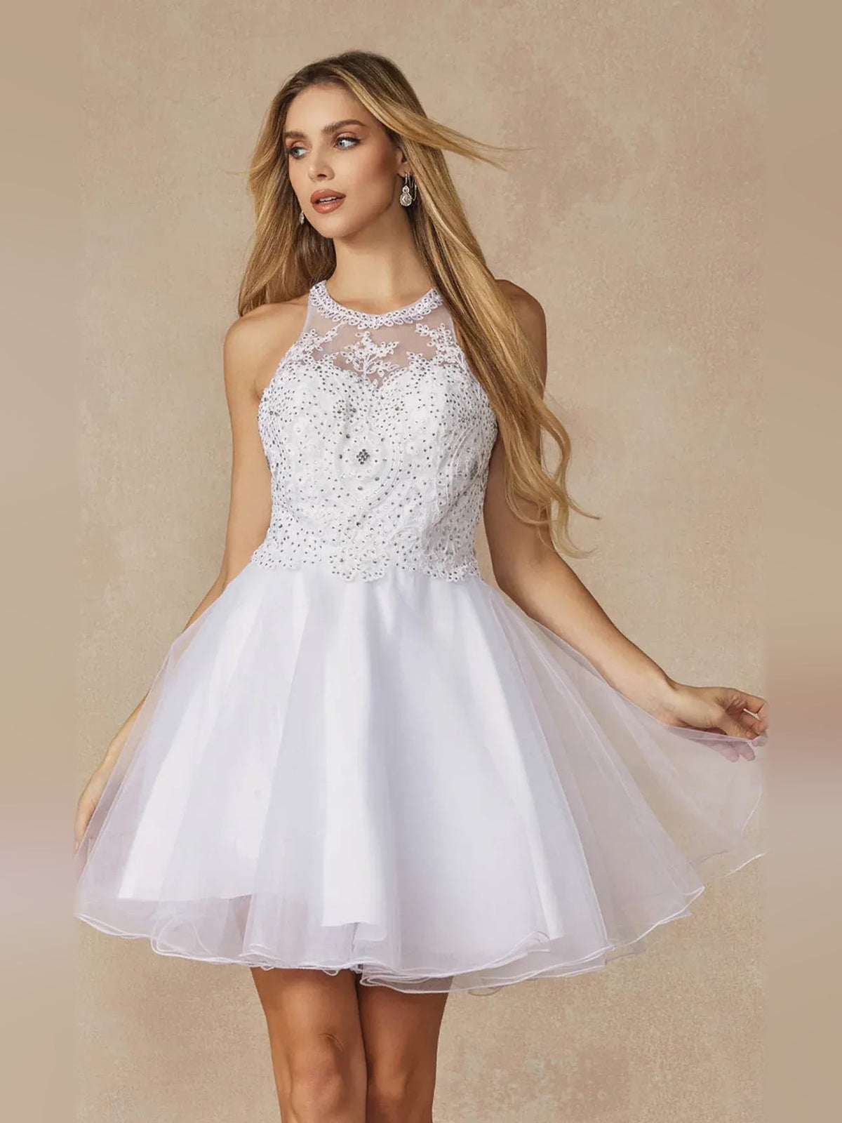 White beaded halter A-line short tulle homecoming dress with fitted sleeveless bodice