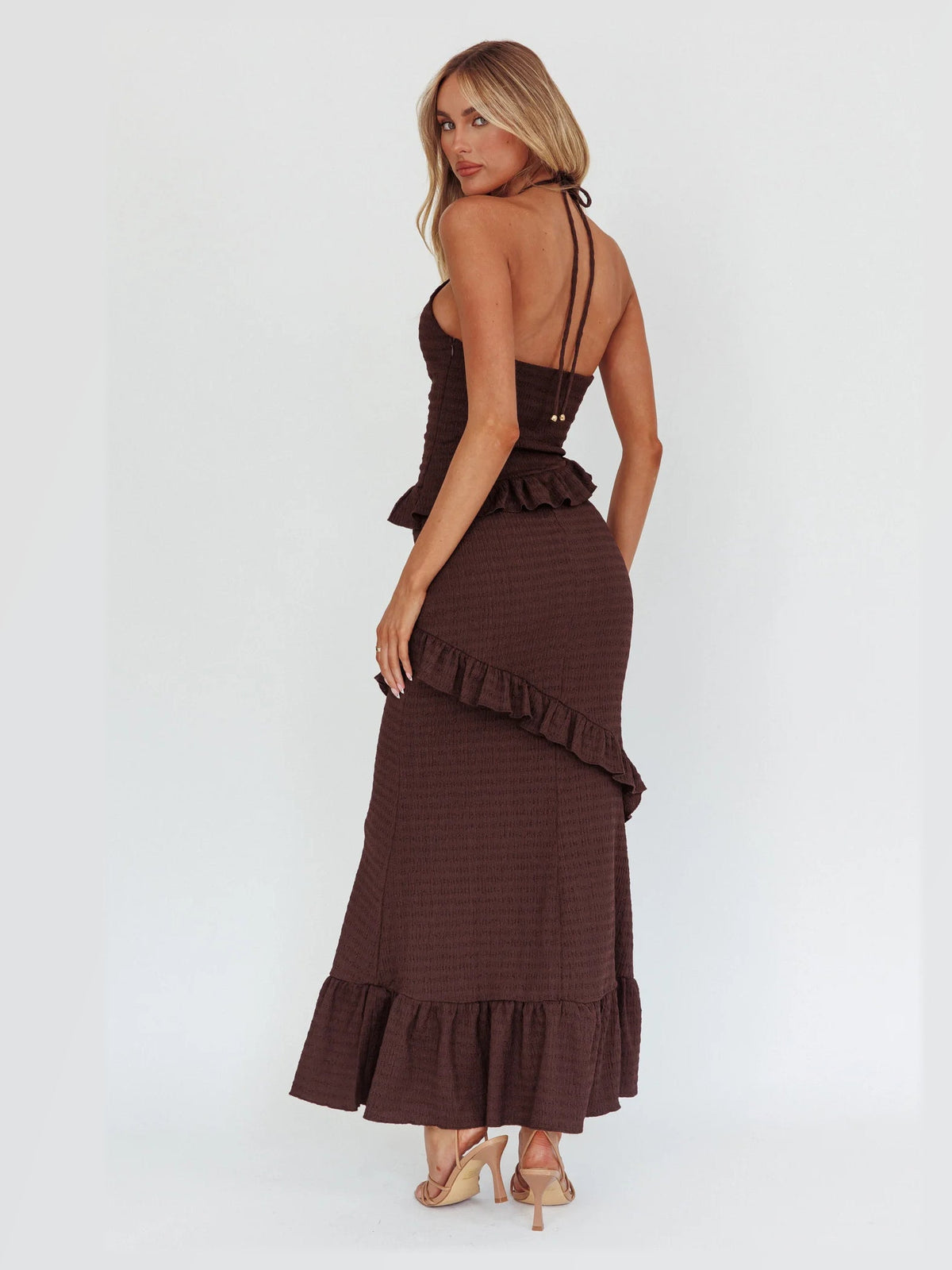 Chocolate formal dress with a-line silhouette and maxi length