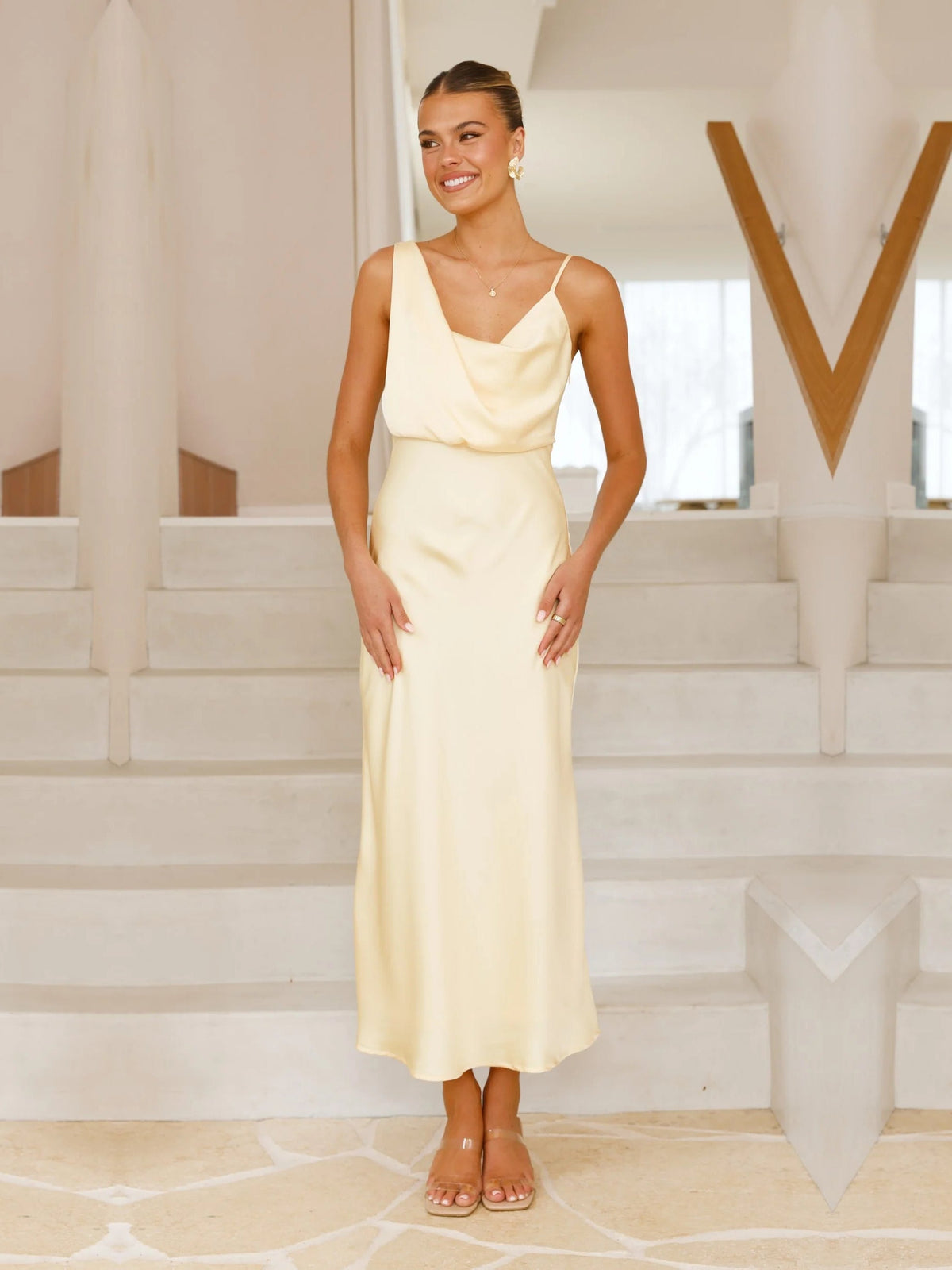 Yellow sheath maxi formal dress with cowl neckline, full-length front view