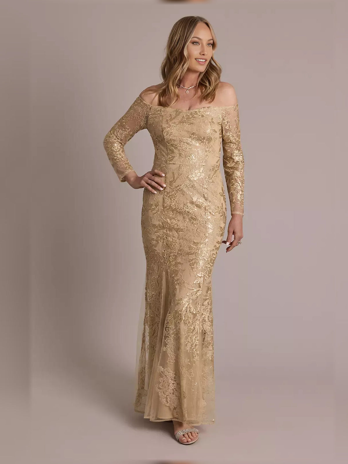 Gold off-shoulder mermaid maxi dress, long sleeves, floral sequin embroidery