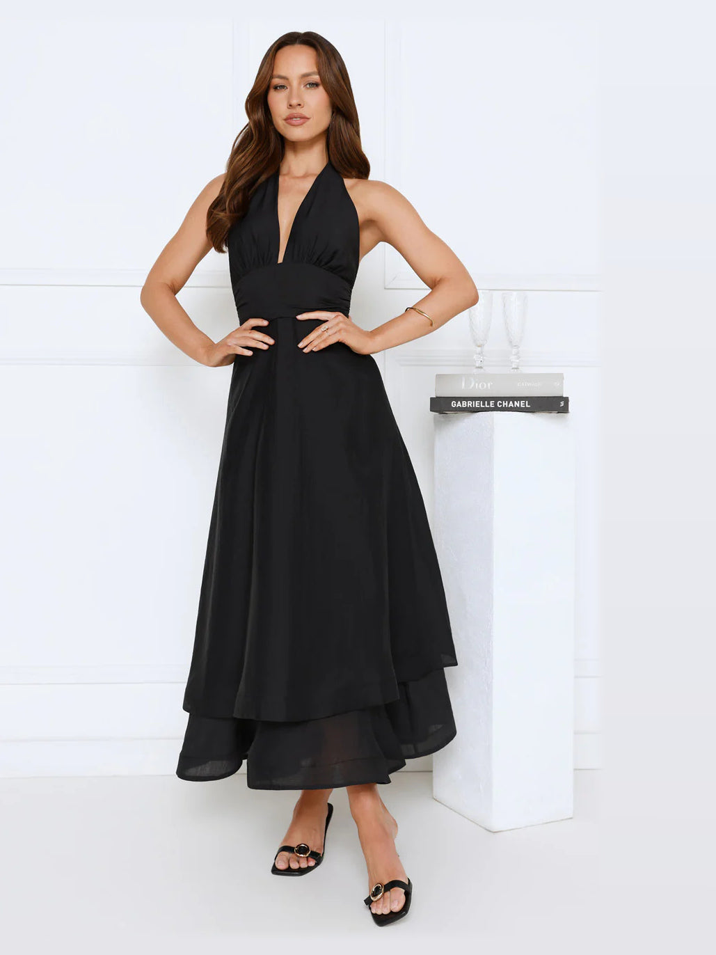 Black maxi formal dress, front full-length view showing the neckline