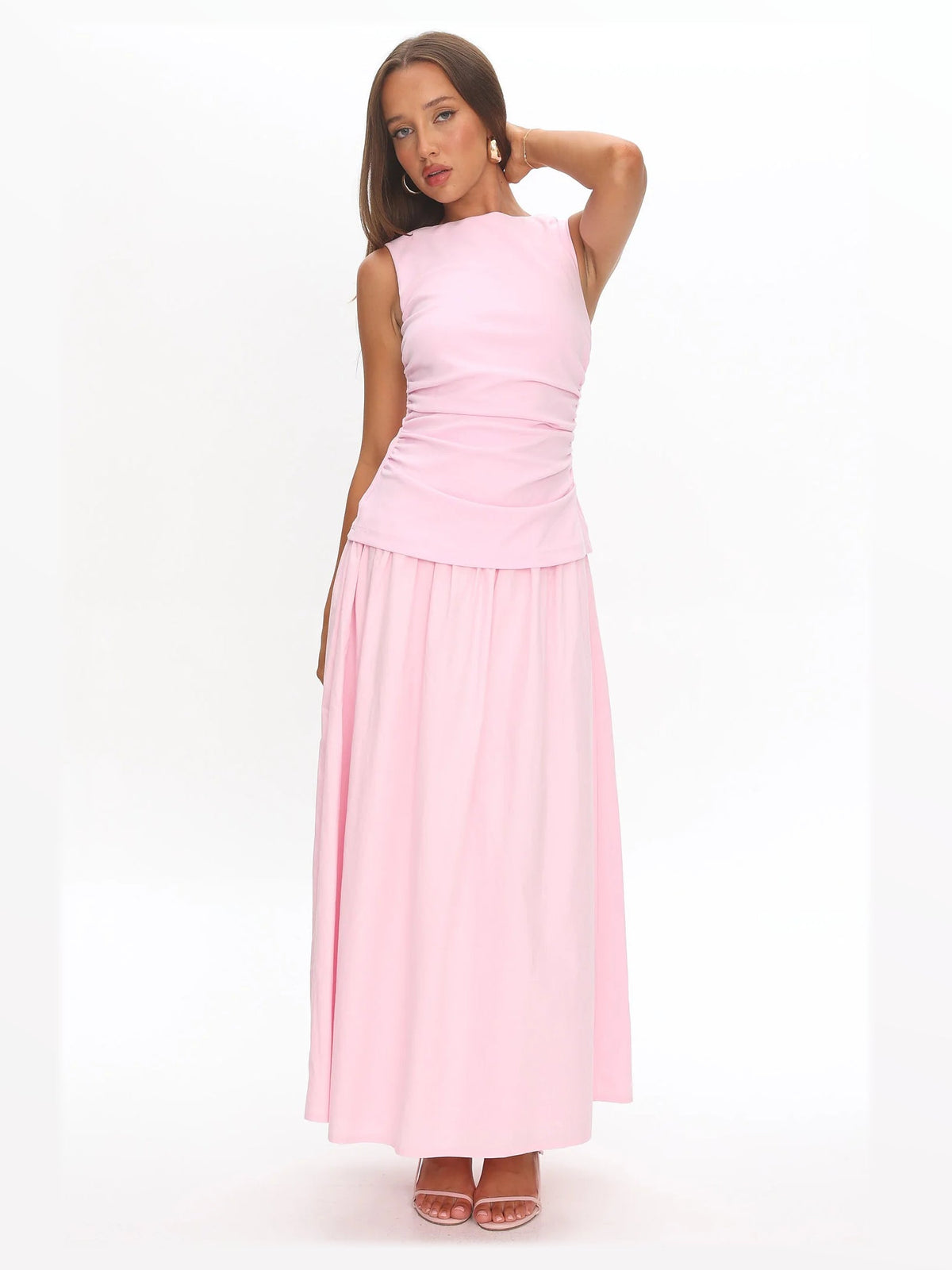 Pink formal dress with a-line silhouette and maxi length