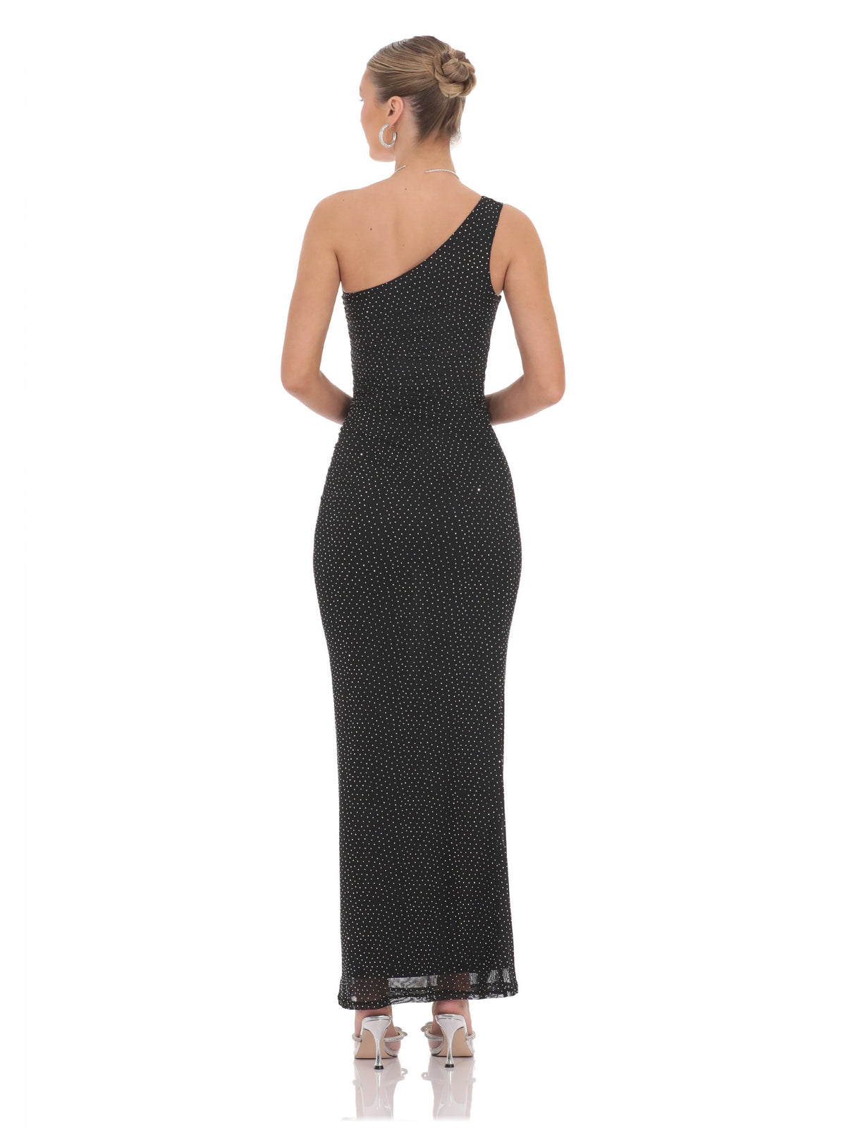 Black bridesmaid dress with a-line silhouette and maxi length