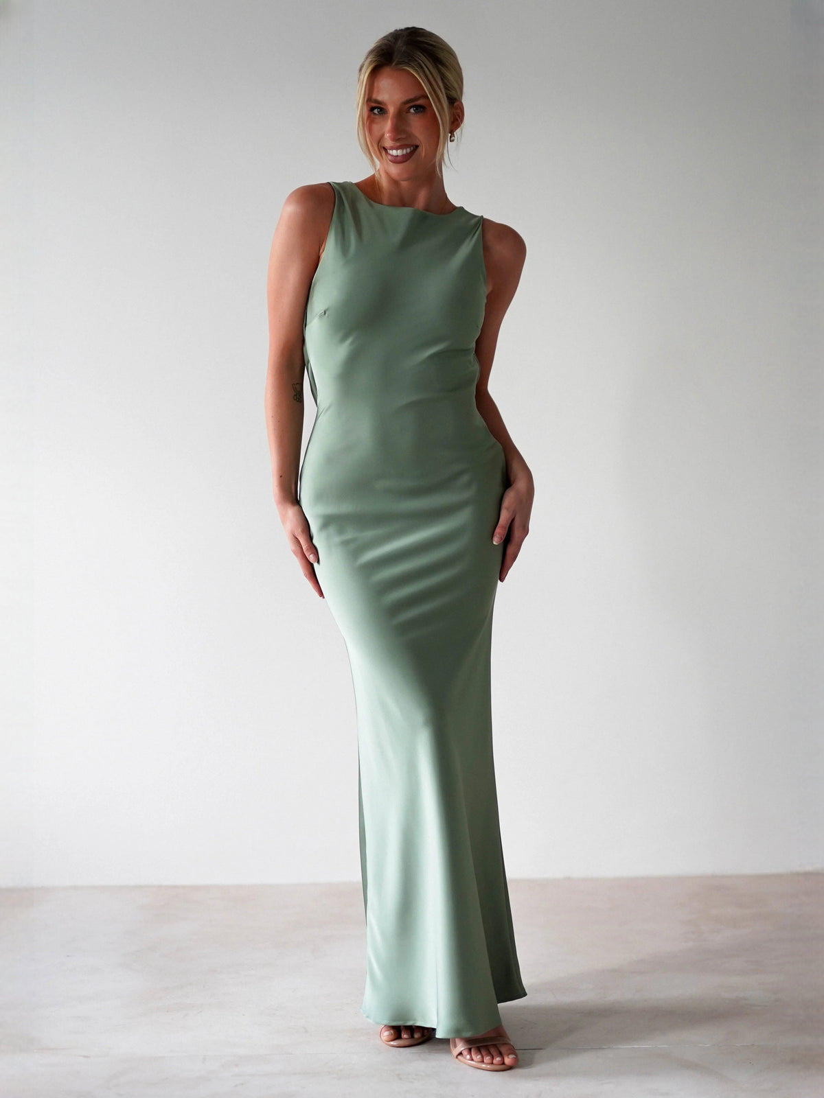 Olive sheath maxi formal dress with sheath, full-length front view