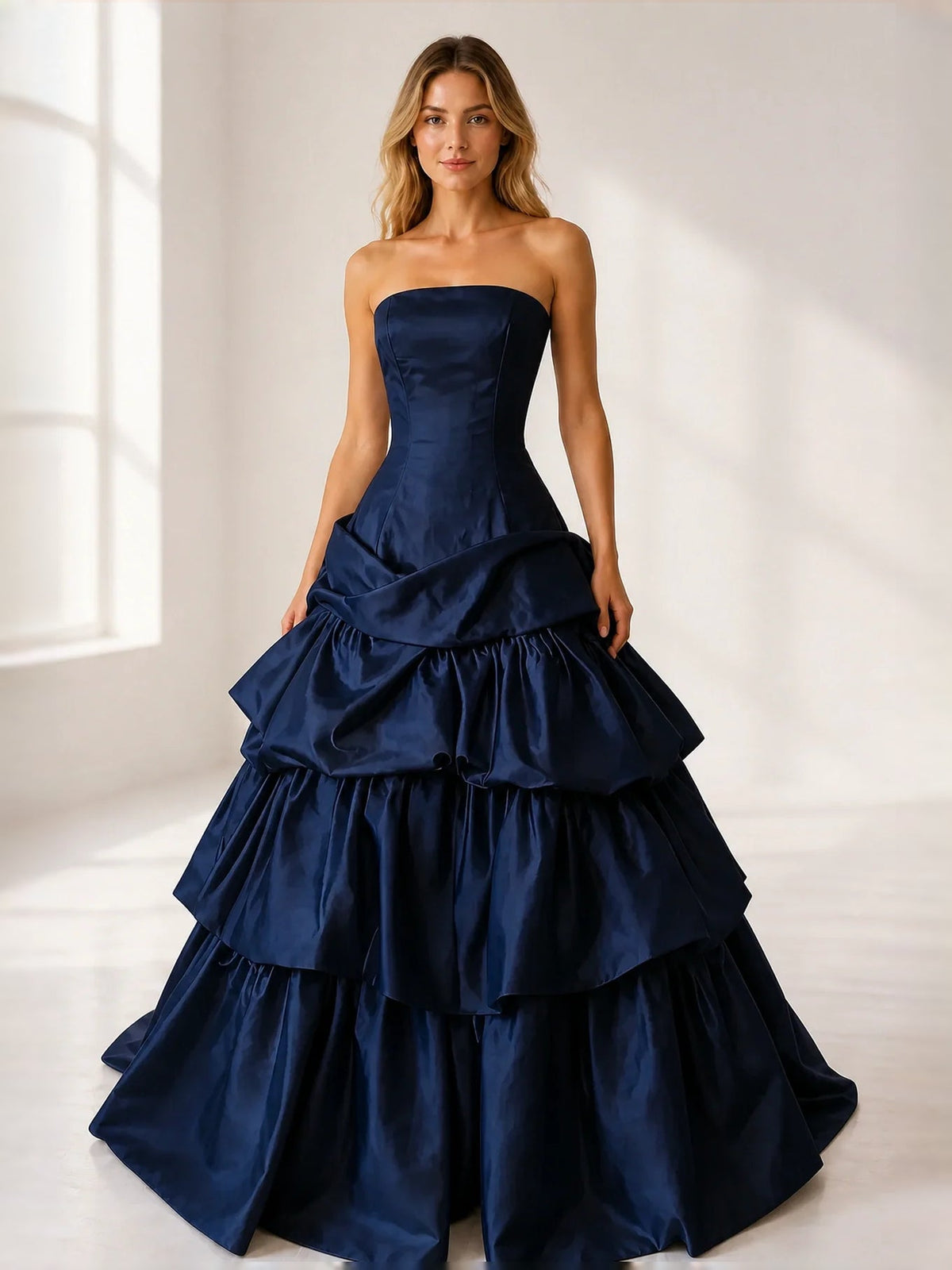 Navy satin strapless ball gown with tiered ruffle skirt and corset bodice