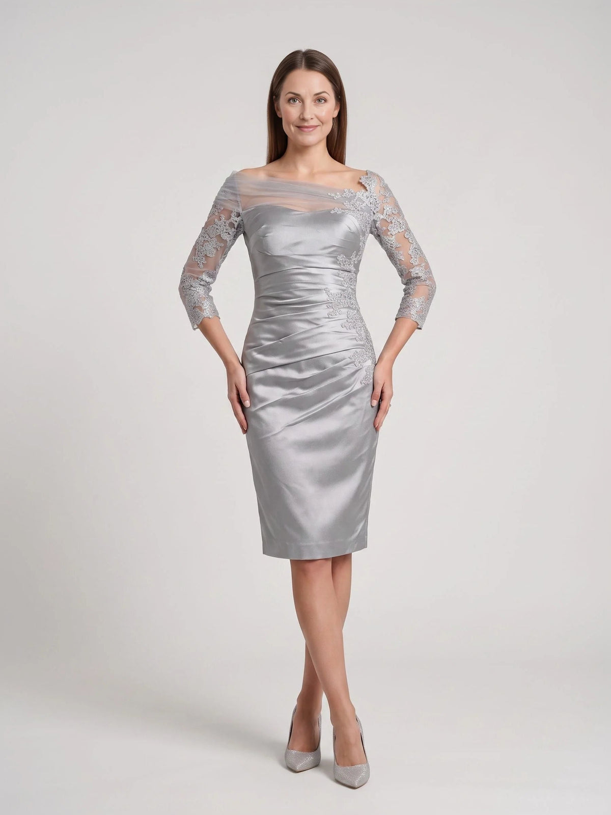Silver satin off-shoulder ruched sheath dress with lace sleeves, knee length