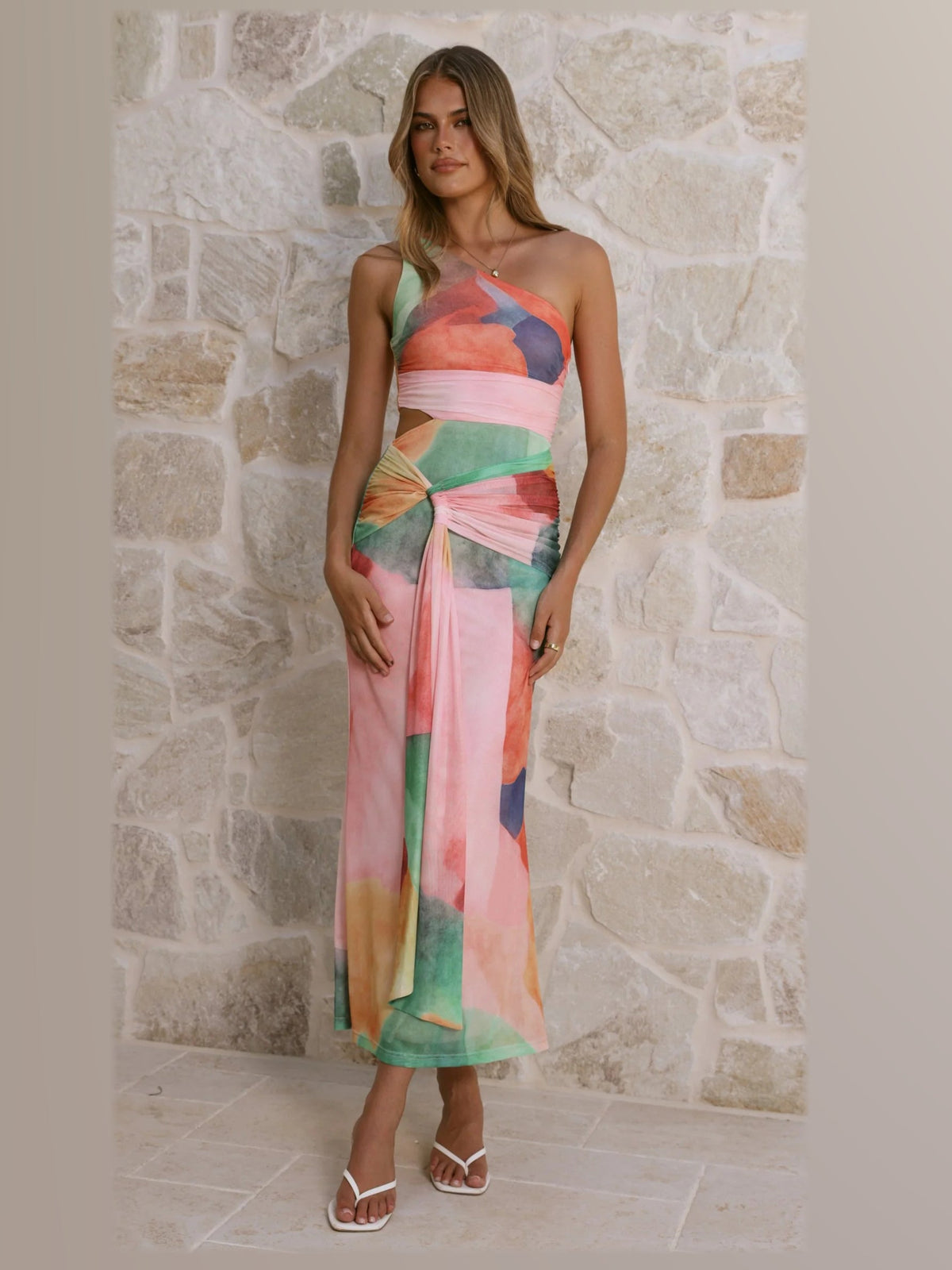 Pink formal dress with a-line silhouette and maxi length