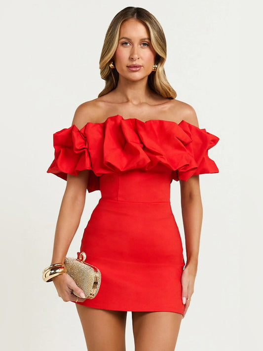 Red off-shoulder mini dress with layered ruffle sleeves, fitted bodice