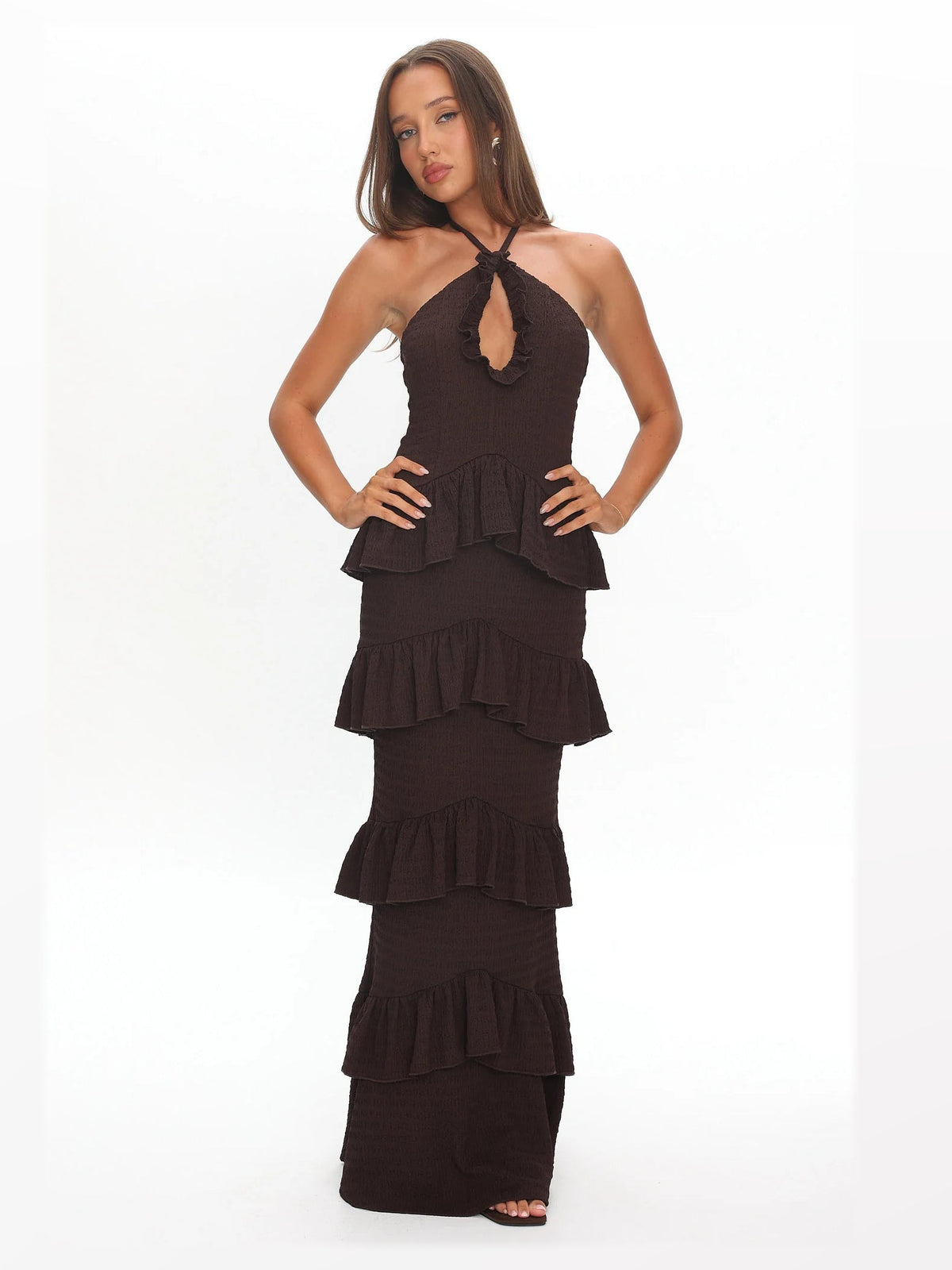 Chocolate formal dress with a-line silhouette and maxi length