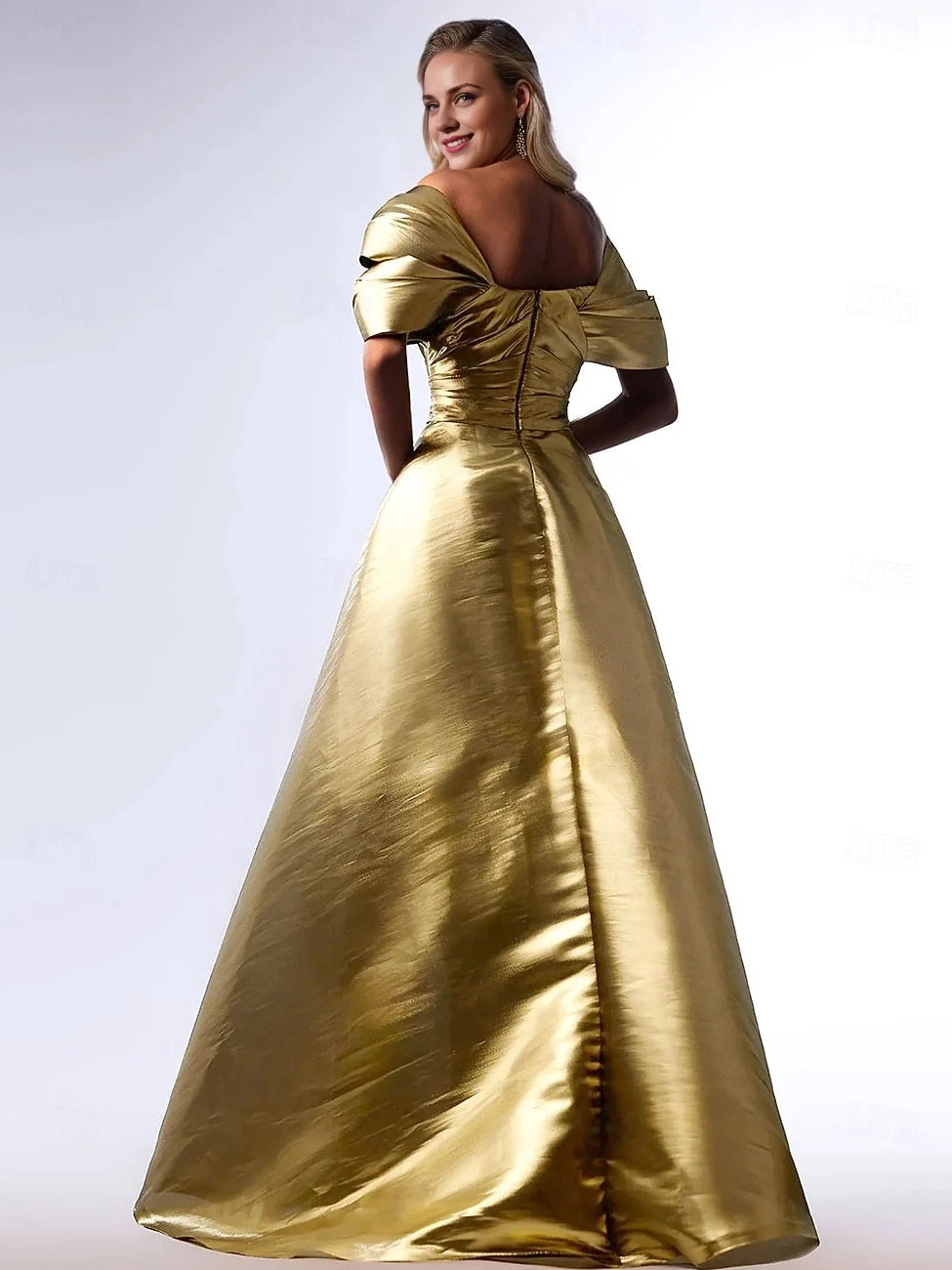 Gold satin off-shoulder A-line prom dress with ruched bodice, pleated skirt and slit