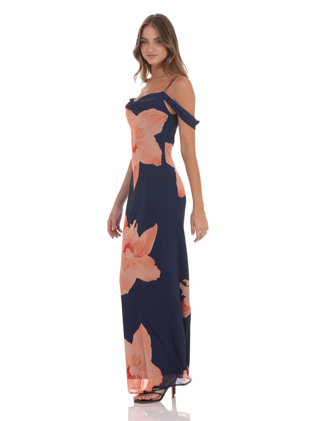 Navy bridesmaid dress with a-line silhouette and maxi length