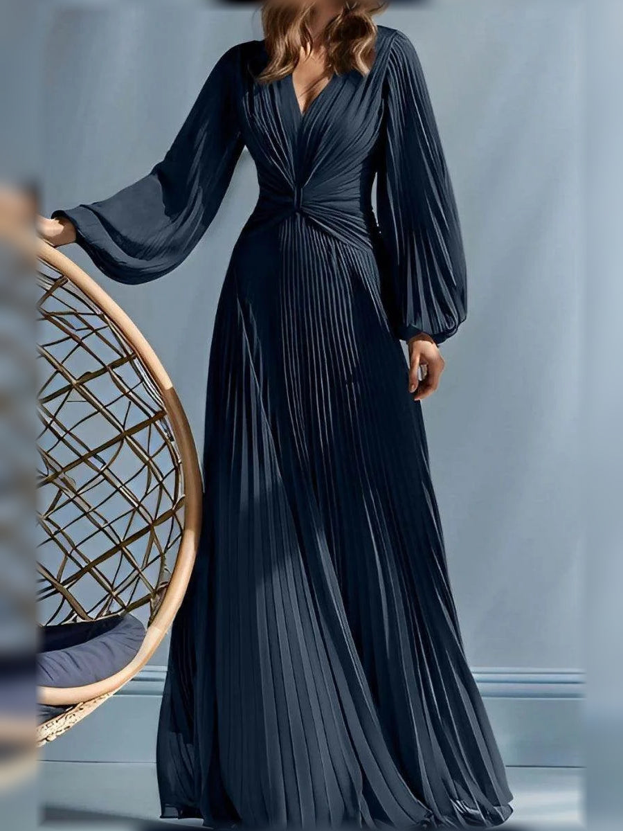 Dark navy V-neck ruched pleated A-line maxi dress with long flared sleeves