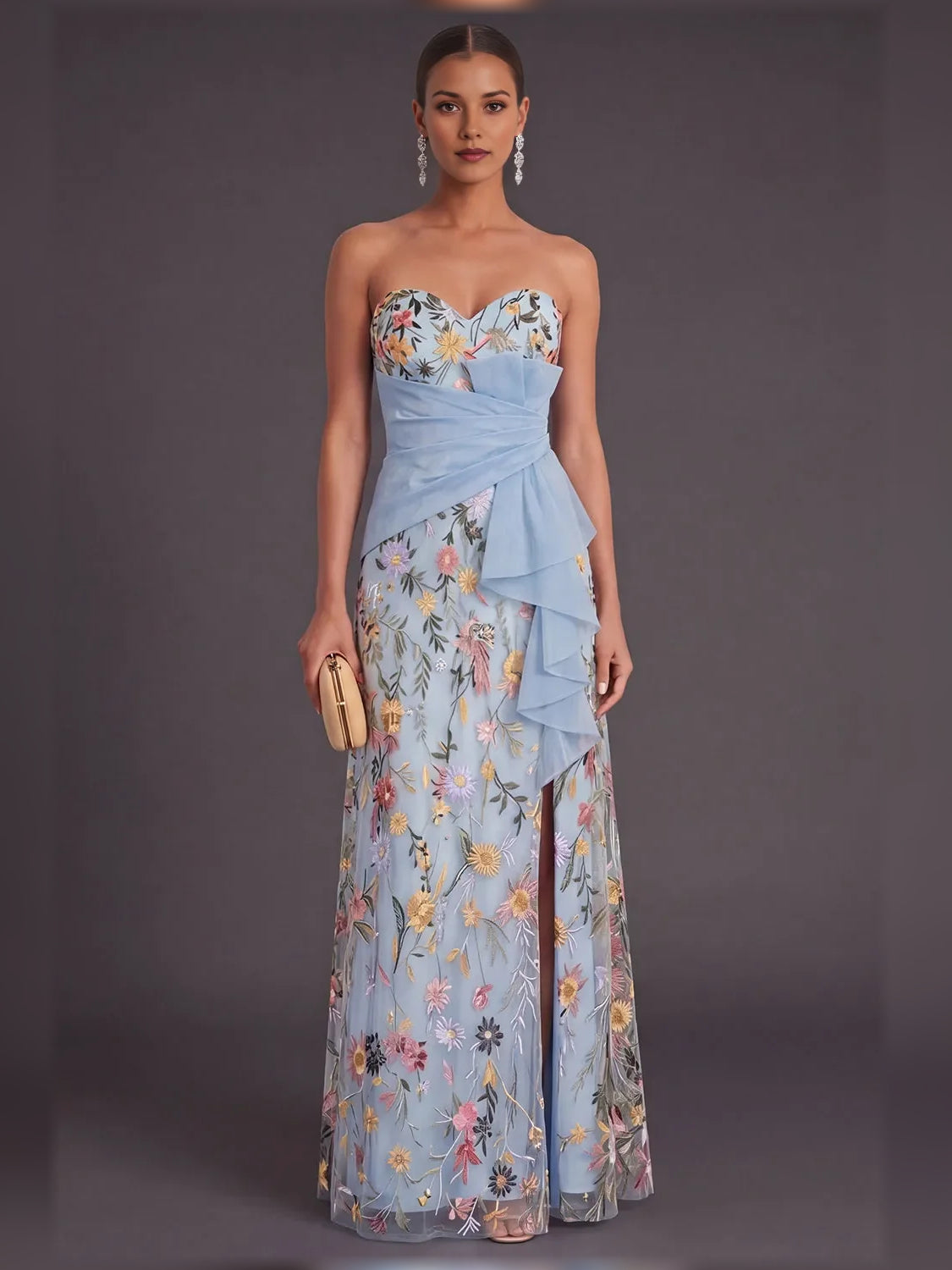 Blue floral formal dress, sweetheart bodice with layered ruffle skirt