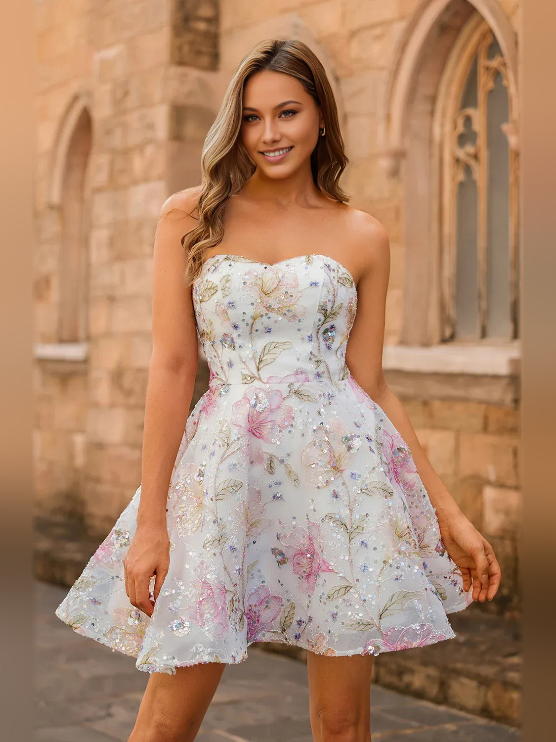 Floral sequin sweetheart A-line mini tulle dress, strapless, pink and light print