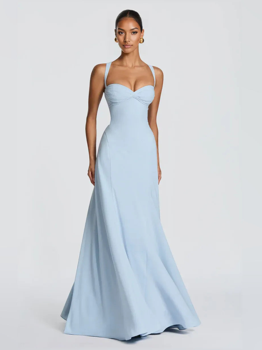 Light blue sweetheart corset A-line formal dress, spaghetti straps, floor-length hem