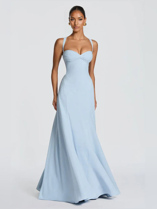 Light blue sweetheart corset A-line formal dress, spaghetti straps, floor-length hem