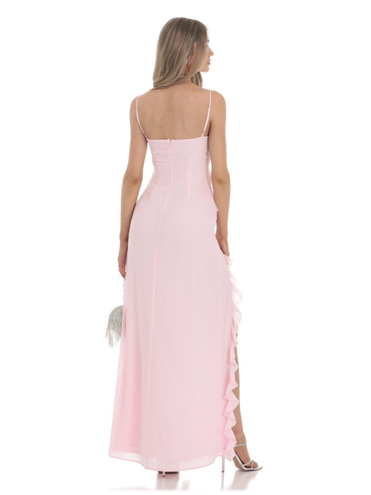 Pink bridesmaid dress with a-line silhouette and maxi length