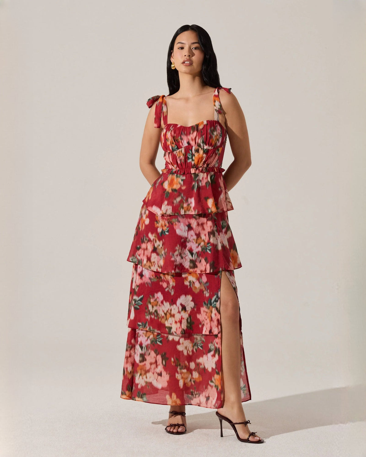 Red floral tiered chiffon maxi dress with sweetheart neckline and tie shoulder straps