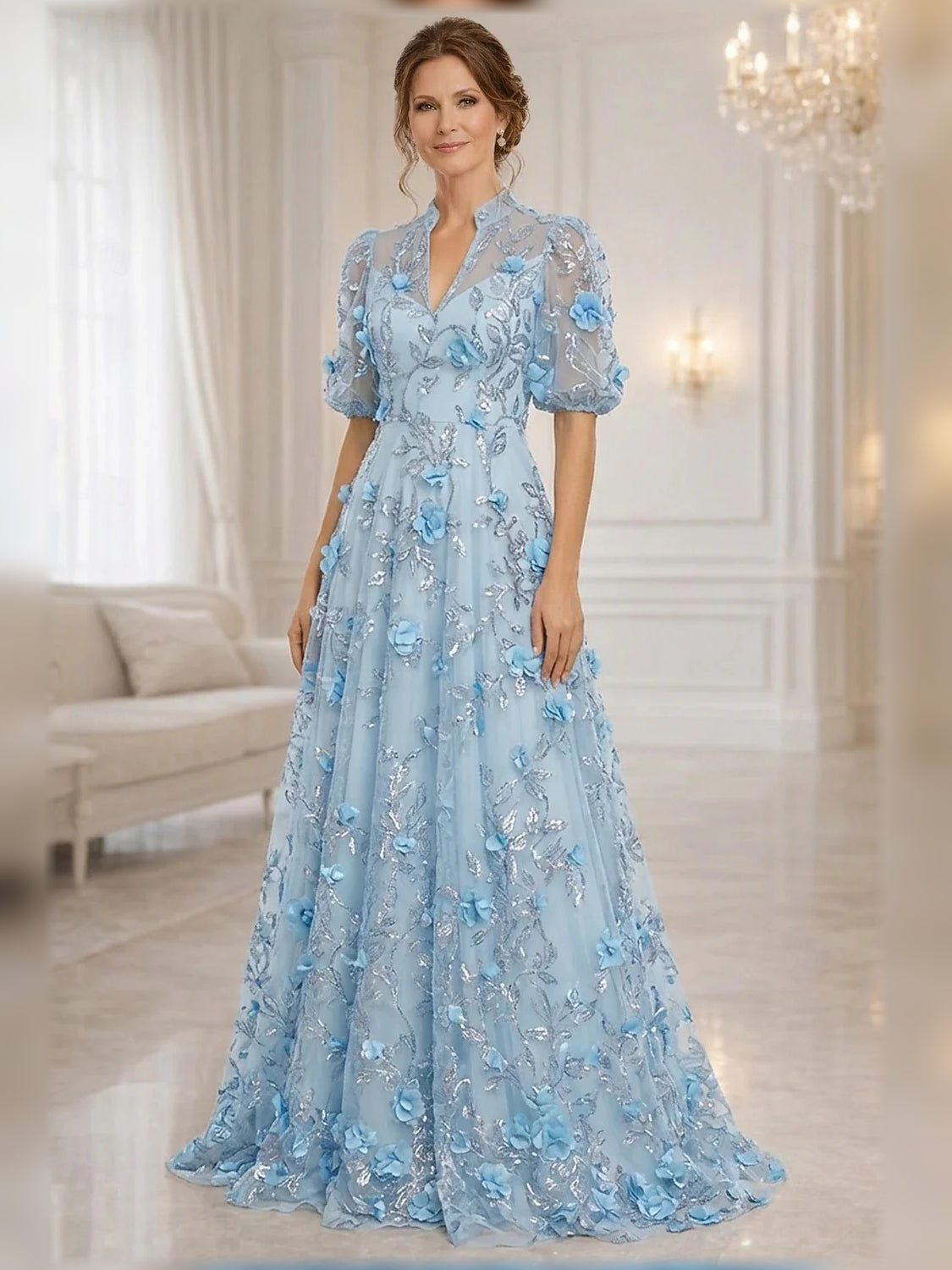 Light blue floral tulle A-line floor-length dress with high neck and short sleeves