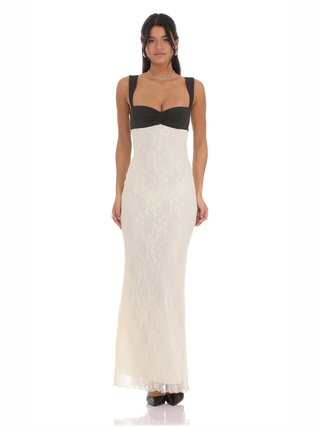 Cream sheath maxi formal dress with sweetheart neckline, full-length front view