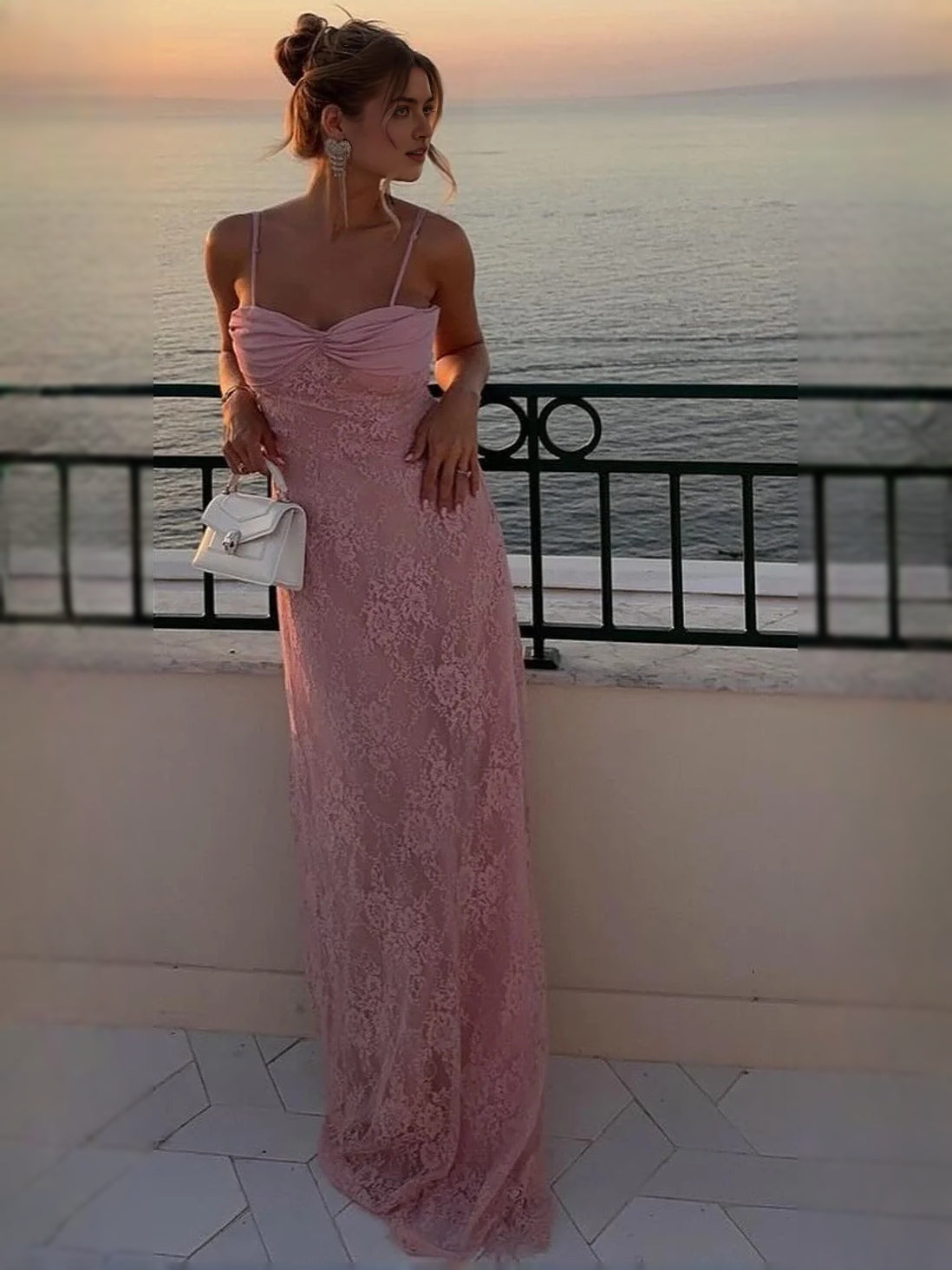 Blush pink lace floral satin sheath prom dress with sweetheart ruched bodice, spaghetti straps