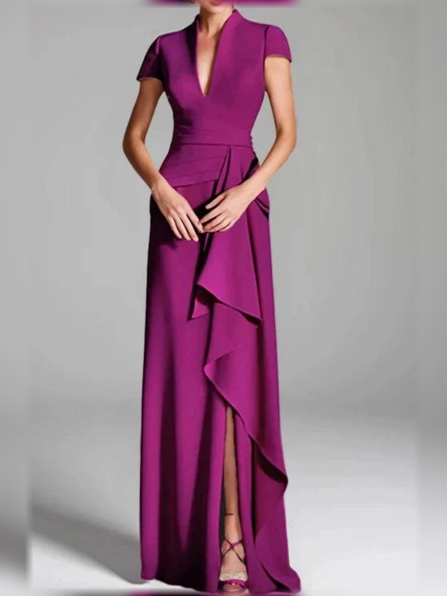 Magenta V-neck mermaid mother-of-the-bride dress with ruffled drape and thigh slit
