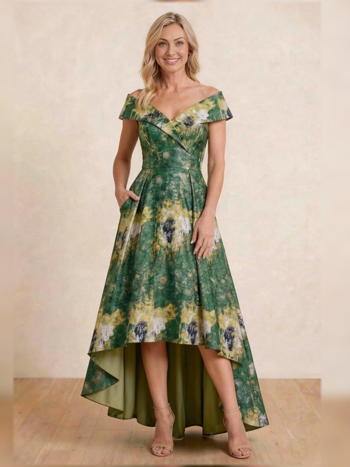 Green floral off-shoulder A-line high-low dress with pleated skirt, short sleeves