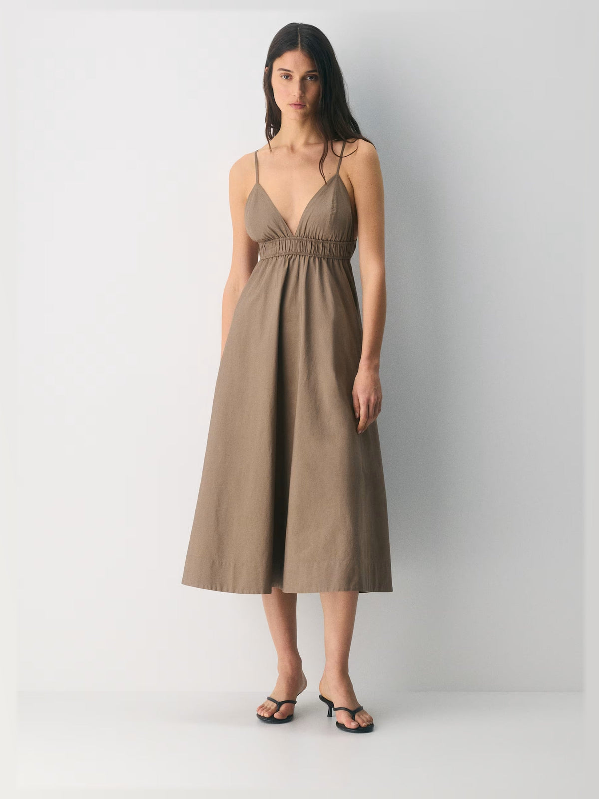Taupe formal dress with a-line silhouette and maxi length