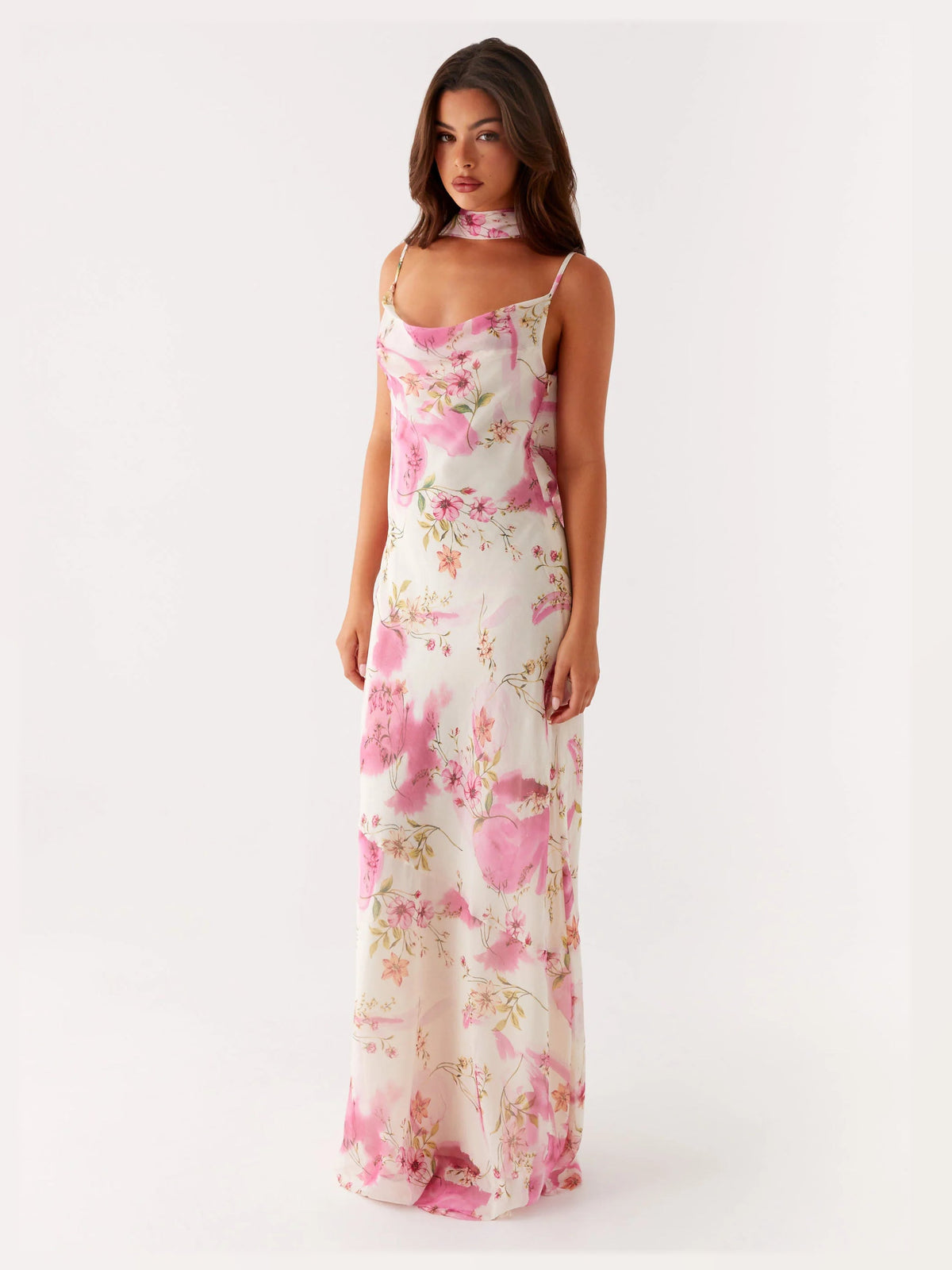 Ivory Floral maxi formal dress, front full-length view showing the neckline