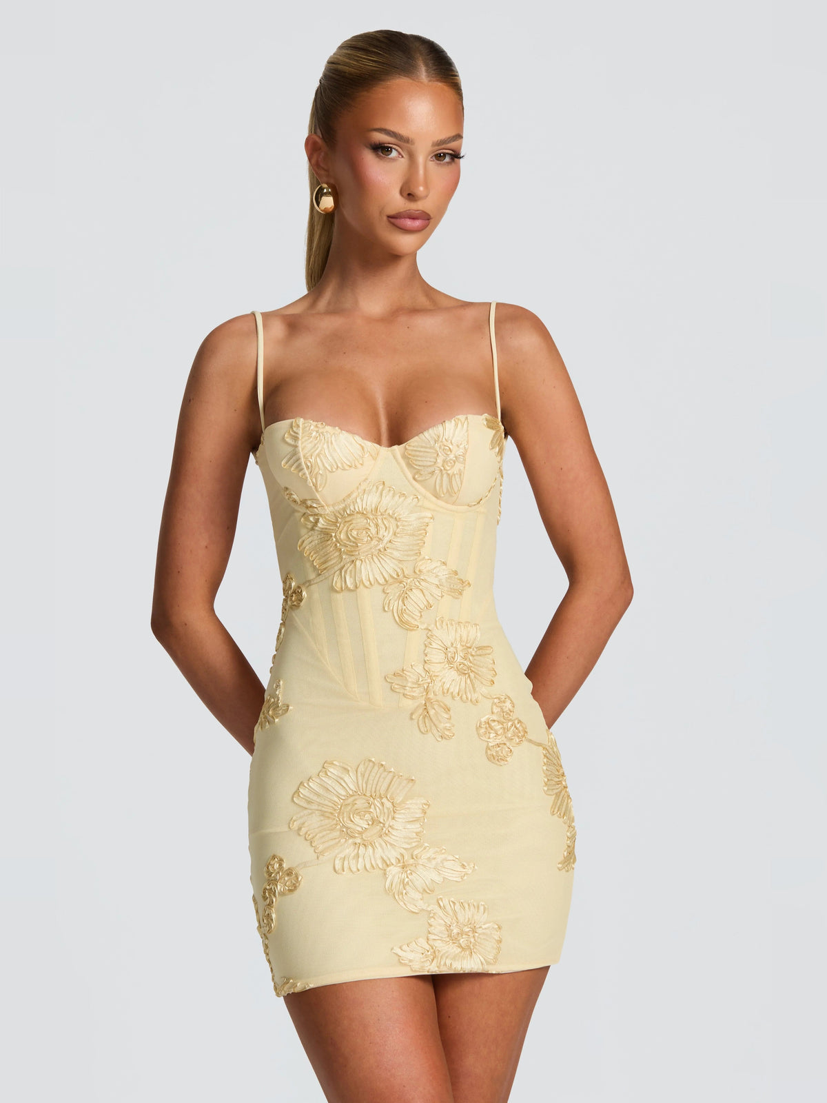 Lemon mini homecoming dress with spaghetti straps and embroidered floral lace front