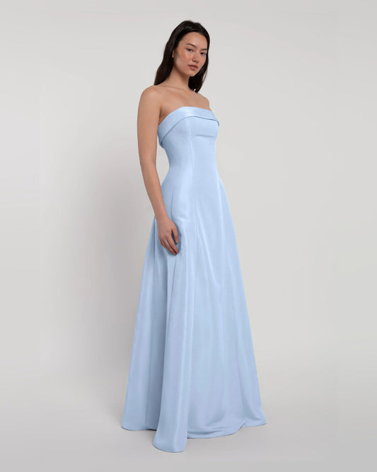 Light blue A-line maxi formal dress with strapless sweetheart neckline