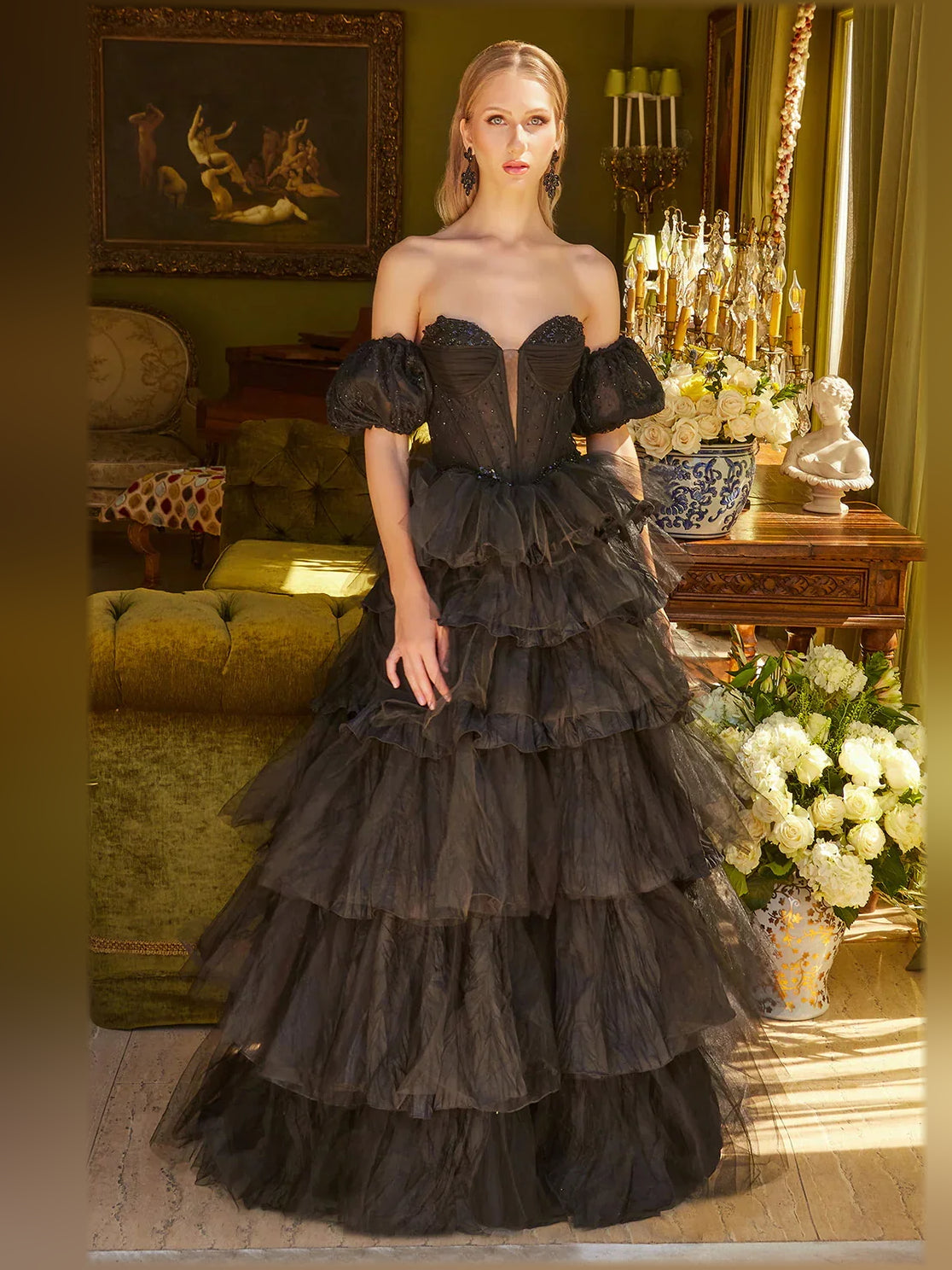 Black off-shoulder corset tiered formal dress with puff sleeves and layered skirt