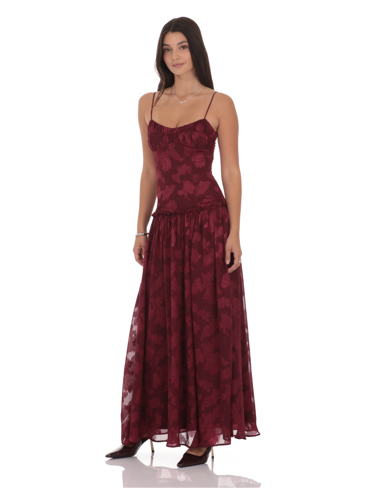 Burgundy bridesmaid dress with a-line silhouette and maxi length