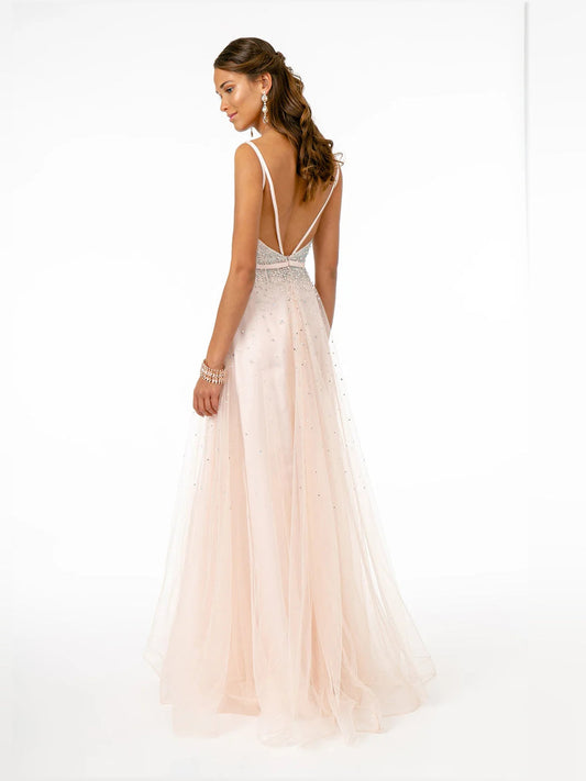 Beaded V-neck A-line prom dress with spaghetti straps and sparkly bodice, long skirt