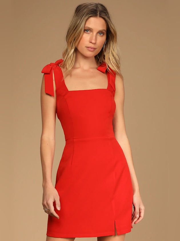 Red square-neck mini dress with bow straps and front slit