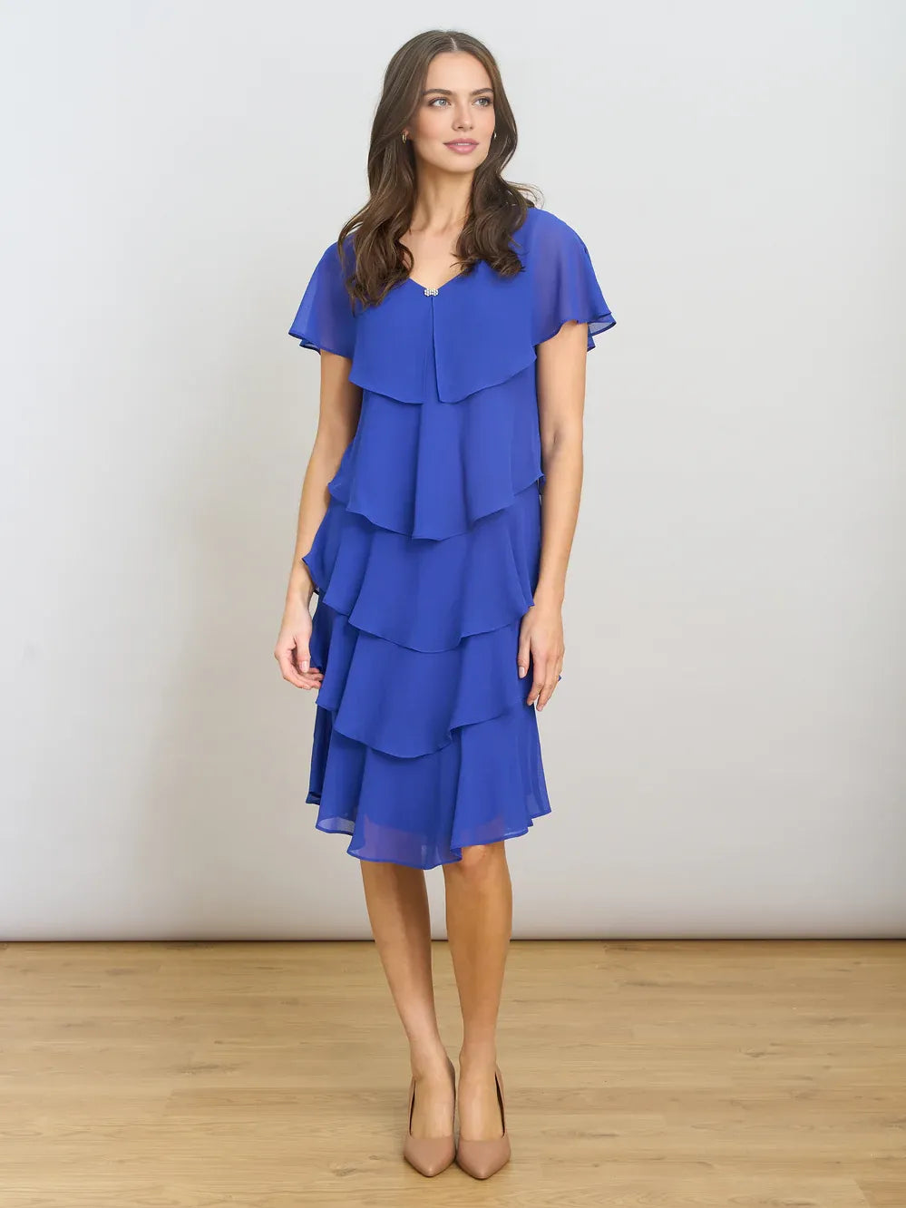 Cobalt blue V-neck tiered chiffon knee-length dress with layered ruffle skirt and short sleeves