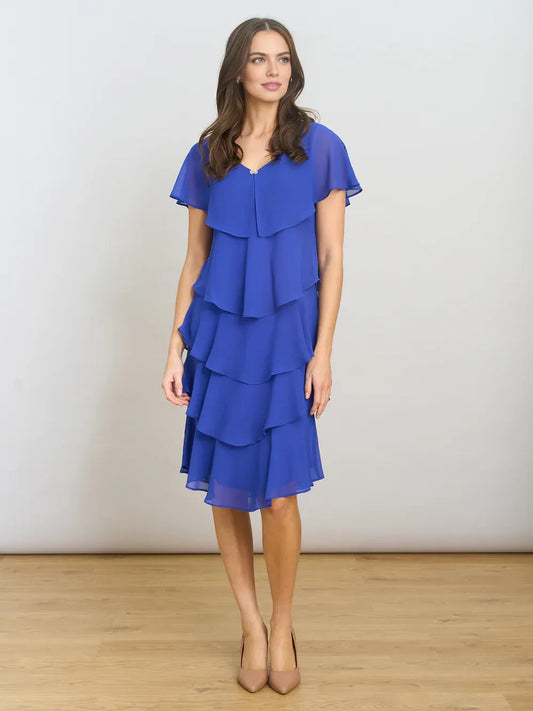Cobalt blue V-neck tiered chiffon knee-length dress with layered ruffle skirt and short sleeves
