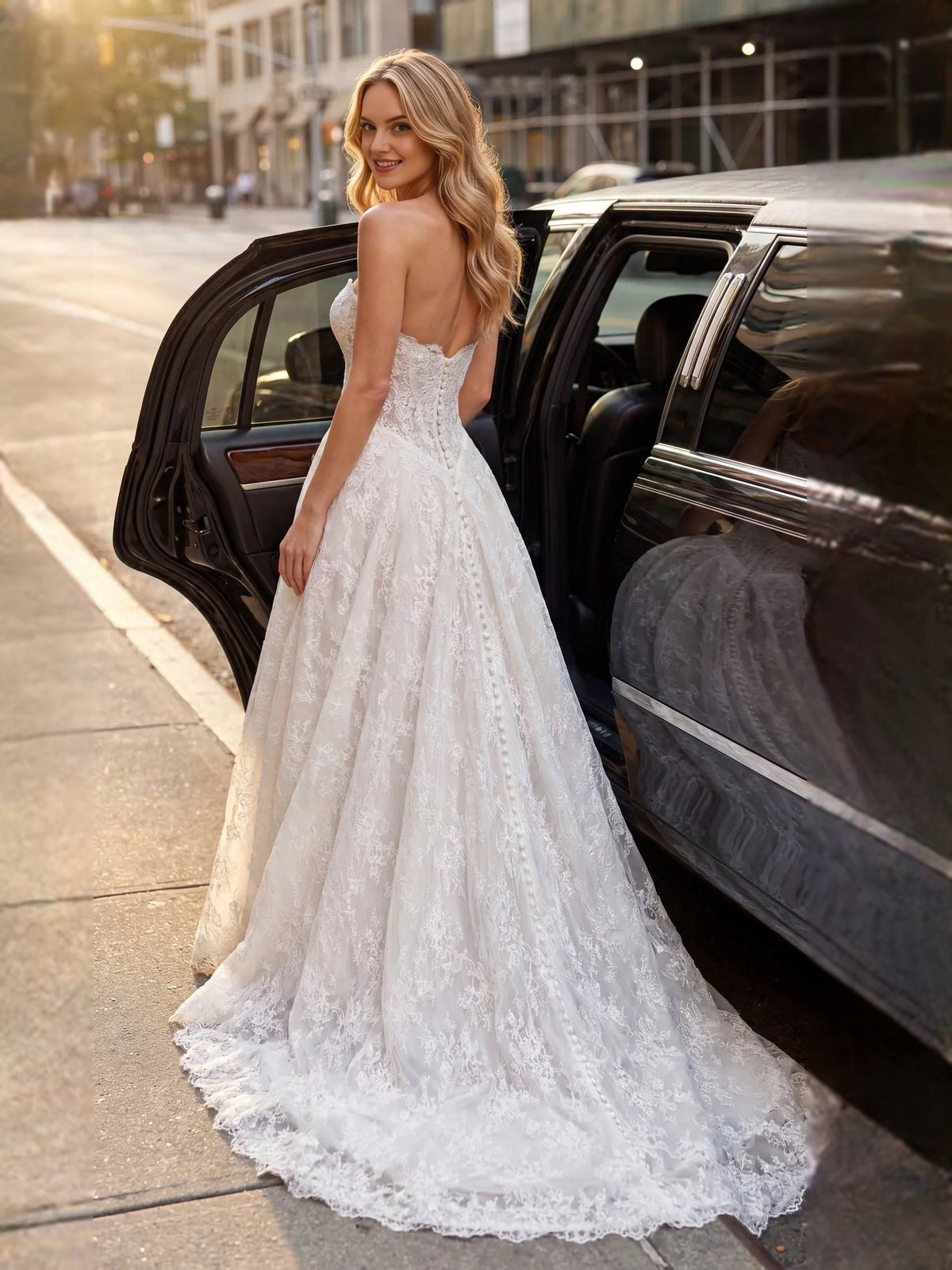 Ivory tulle A-line wedding dress with sweetheart neckline and floral lace bodice