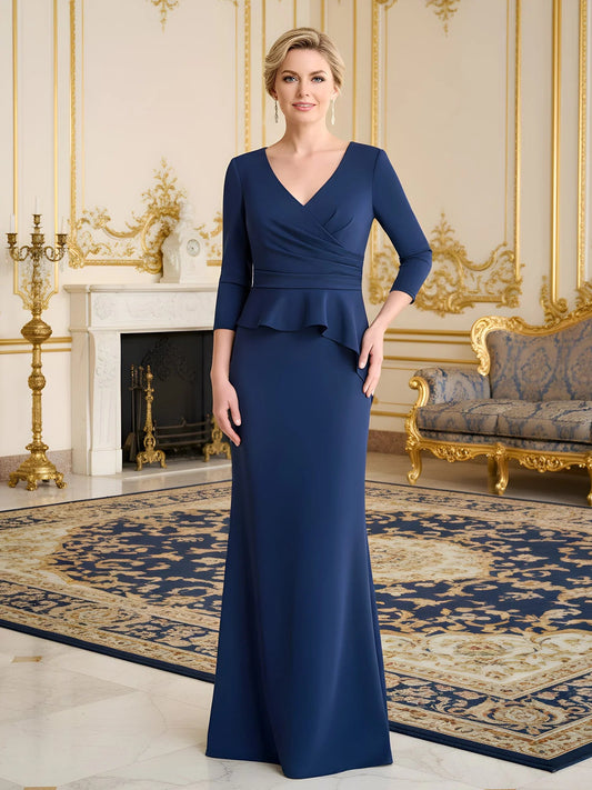 Navy V-neck mermaid mother-of-bride dress with three-quarter sleeves and peplum waist
