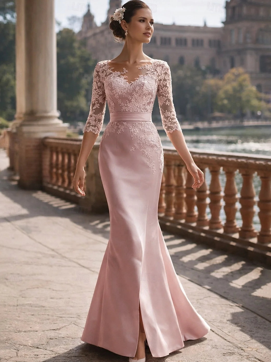 Pink satin mermaid gown with floral lace sleeves, V-neck, and front slit