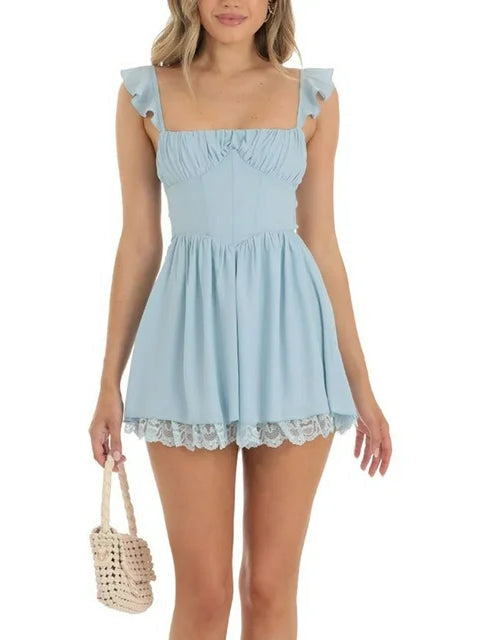 Light blue backless mini dress, square ruffle neckline, cap sleeves, lace trim hem