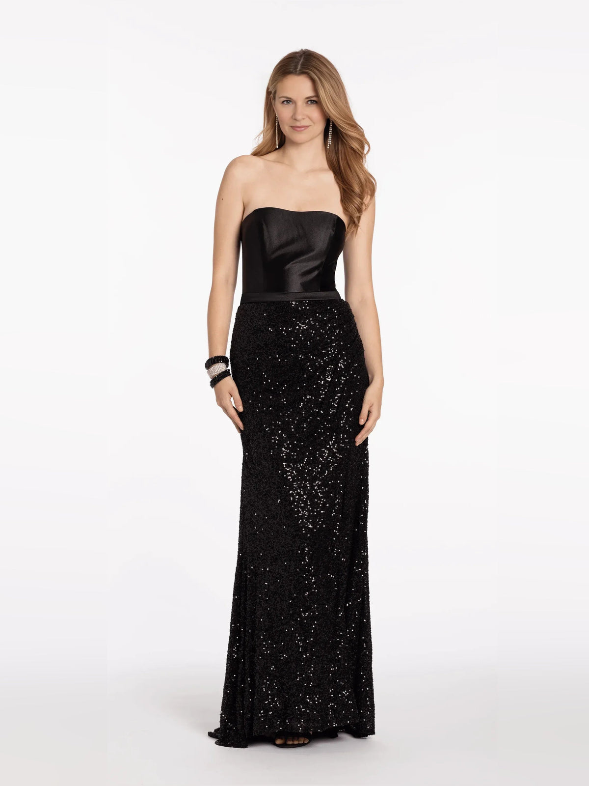 Black strapless satin sequin mermaid formal dress with side slit
