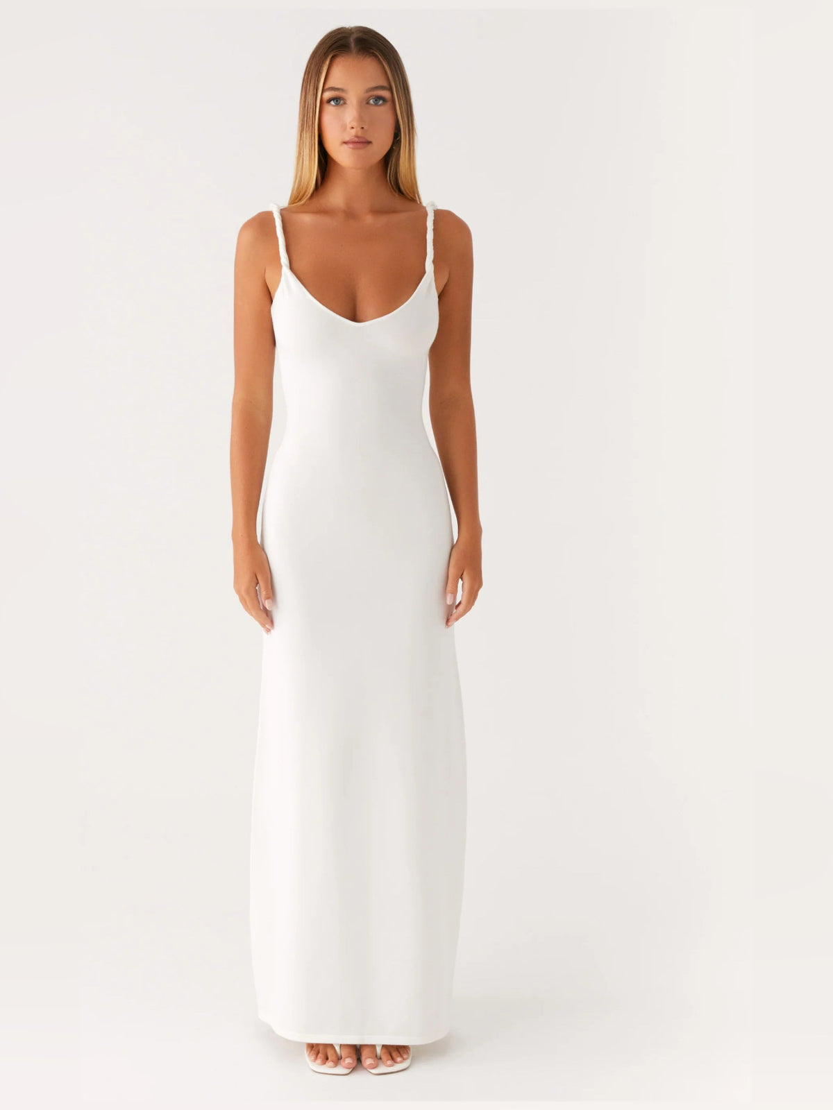 Ivory sheath maxi formal dress with sheath, full-length front view